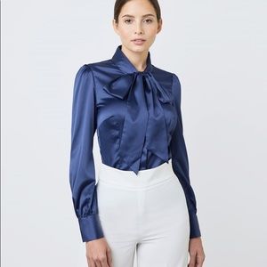 Women's Black Fitted Satin Blouse - Dark Navy blue- Size 6